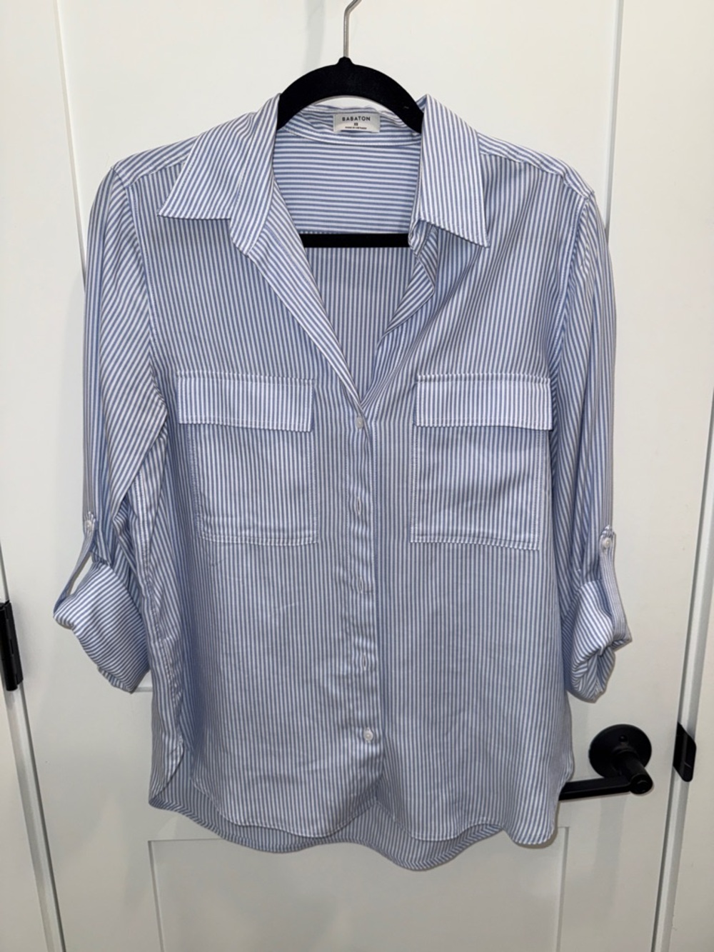 Babaton Blue & White Striped Relaxed Button-Up Blouse